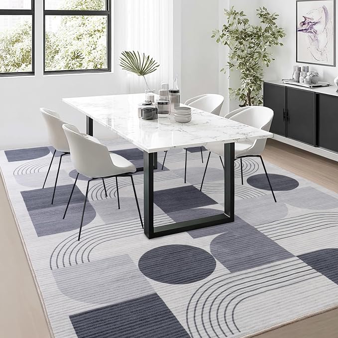 Large Machine Washable 9x12 Area Rug, Soft Modern Geometric Abstract Grey Rugs for Bedroom Living Room, Non-Shedding Faux Wool Indoor Throw Floor Carpet for Office Entryway Dining Room Decor