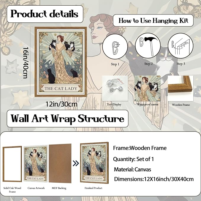 Funny Cat Lady Tarot Card Wall Art Vintage Black Cat Woman Wall Decor Picture, Cute Animal with Girl Poster Painting Canvas Print for Bedroom Living Room 12x16 inch Wood Framed