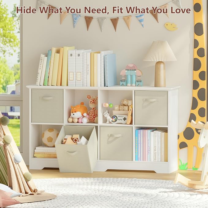 VORONOI 8 Cube Storage Organizer with 4 Fabric Drawers and Removable Shelves — Modular Cube Bookshelf for Bedroom, Living Room, or Home Office, Short Cube Bookcase for Toys, Decor,White