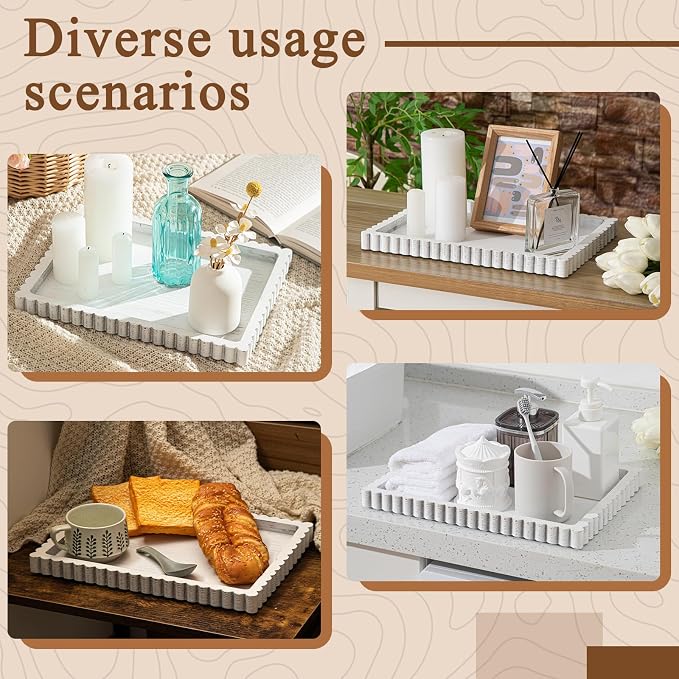Lounsweer Wood Decorative Tray for Home Decor, 14'' x 10'' Wooden Serving Tray for Coffee Table Centerpiece Dining Kitchen Island Decoration Bathroom Counter Display (White Color,Pine)