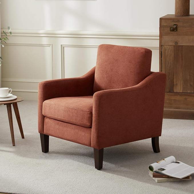 VKNOW Mid Century Modern Accent Chair, Upholstered Living Room Chairs Armchair for Bedroom, Comfy Reading Accent Chairs with Wood Legs for Living Room (1, Orange)