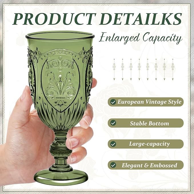 36 Pack Plastic Goblets 10oz Upgrade Vintage Water Goblet Plastic Wine Glasses Colored Retro Embossed Glassware for Party Wine Bar Juice Baby Shower Wedding Reception Grand (Olive Green)