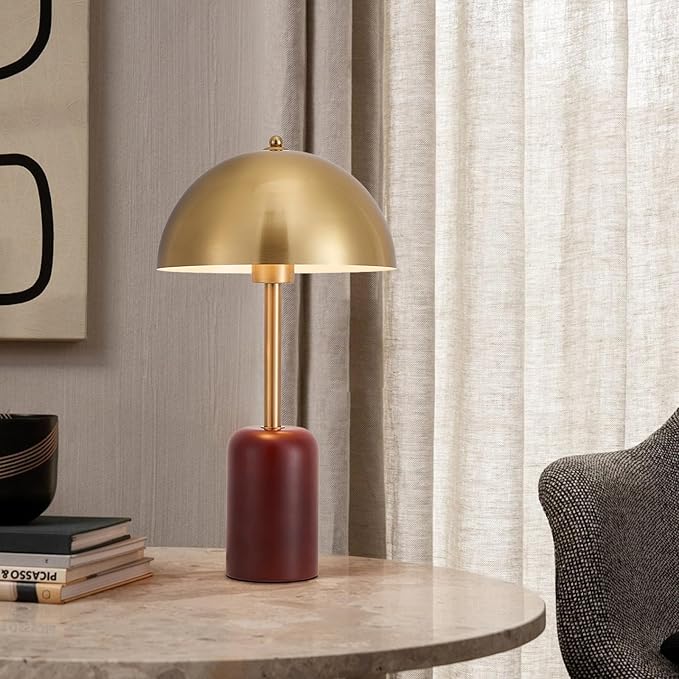 Bedside Table Lamp for Bedroom, Modern Plug in Brass Gold Shade & Cylindrical Wood Base Desk Lamp, Plug & Play Nightstand Lamp with Switch Power Cord for Living Room, Office 【Bulb Included】