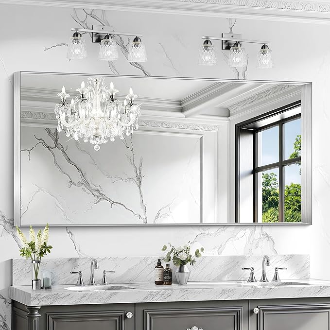 CIRCUMI Silver Bathroom Mirror, 30"x60" Rectangular Mirror with Deep Metal Frame, Brushed Finish, Tempered Glass, Large Mirror for Wall, Over 2 Sinks, Installed Vertically/Horizontally, Crystal-Clear