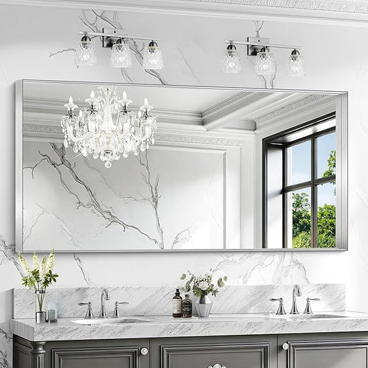 CIRCUMI Silver Bathroom Mirror, 30"x60" Rectangular Mirror with Deep Metal Frame, Brushed Finish, Tempered Glass, Large Mirror for Wall, Over 2 Sinks, Installed Vertically/Horizontally, Crystal-Clear
