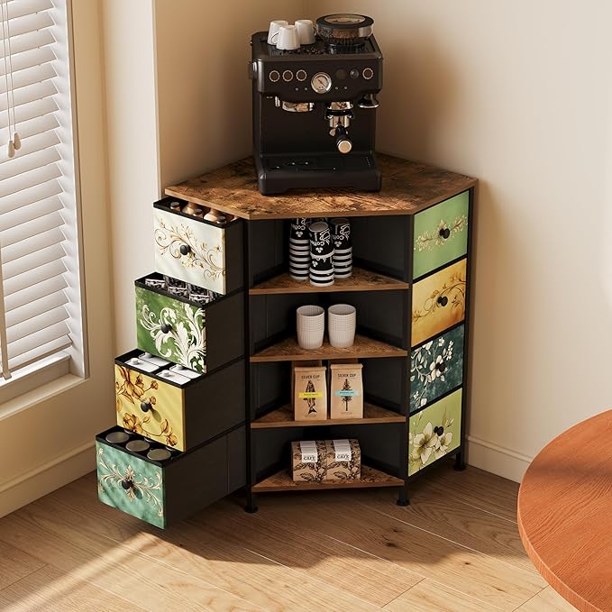 LUMTOK 8 Drawers Corner Dresser with Storage Fabric Drawers and Open Shelves for Small Space，Bedroom，Entryway，Living Room (Retro Pattern)
