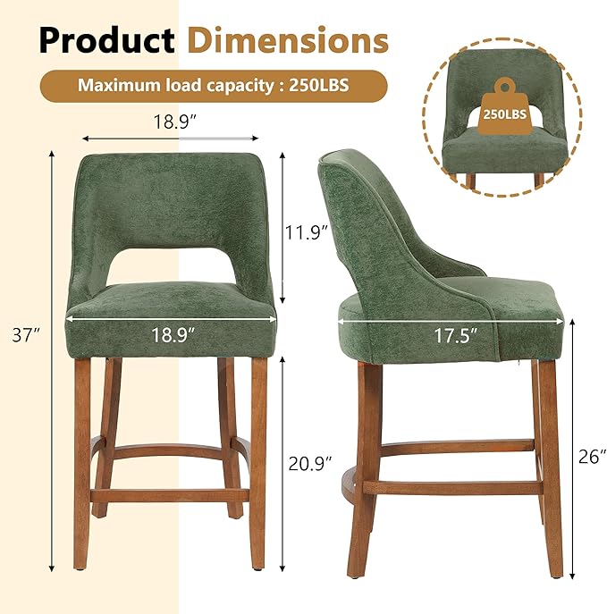 ClinQ Bar Stools Set of 4, 26" H Counter Height Bar Stools with Backs, Modern Upholstered Accent Barstools with Curved Footrest for Kitchen Island, Dining Room and Bar, Green-Walnut Legs