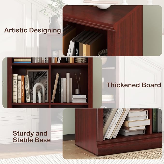 Bevfint Vertical 6-Cube Bookshelf - 3-Tier 6 Cube Storage Organizer, Open Bookcase and Book Shelves, 30 inch Width Wooden Book Case for Home Library Office, Mahogany