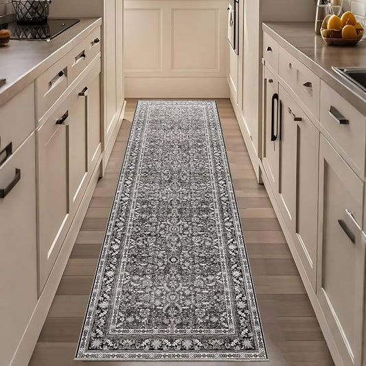 OPPODREAM Vintage Black 2x8 Runner Rug, 2 x 8 Retro Washable Rug Non Slip, Low-Pile Faux Wool Carpet, Distressed Floor Mat for Kitchen, Hallway, Entry-Way, Entrance, Indoor Back Door