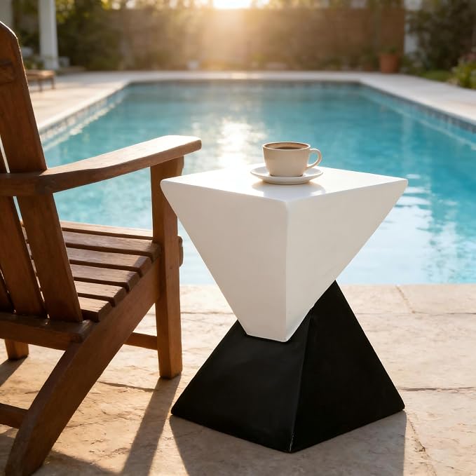 ø12.5'' Square Hourglass Side Table End Table for Living Room, Modern Retro Style, Magnesium Oxide & Light Weight for Indoor & Outdoor, No Assembly, Wood Grain, Black & White
