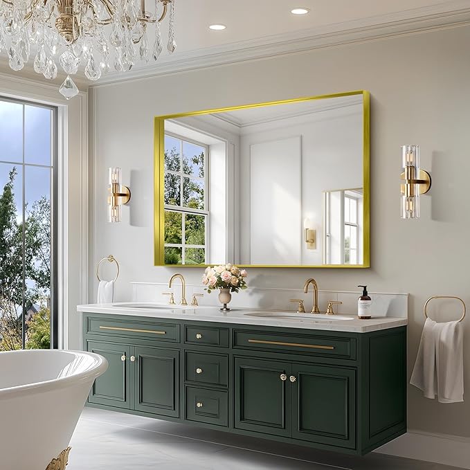 CIRCUMI Gold Bathroom Mirror, 36"x50" Rectangular Mirror with Deep Metal Frame, Brushed Finish, Tempered Glass, Large Mirror for Wall, Over 2 Sinks, Installed Vertically/Horizontally, Crystal-Clear