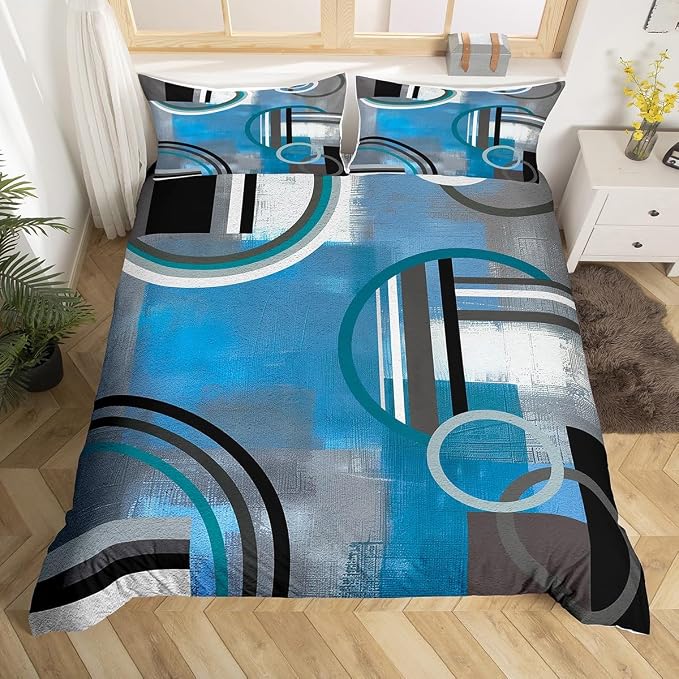 Erosebridal Blue Black Gray Duvet Cover Queen,Ombre Watercolor Comforter Cover,Geometric Stripe Circles Bedding Set,Oil Painting Bedspread Cover,Modern Artwork Quilt Cover with 2 Pillow Cases Zipper