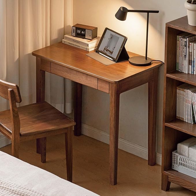 Walnut Solid Wood Desk, Mid-Century Modern Home Office Computer Desk with Drawers, Writing Table for Study, Bedroom & Workstation 39.37" W
