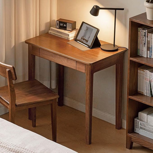 Walnut Solid Wood Desk, Mid-Century Modern Home Office Computer Desk with Drawers, Writing Table for Study, Bedroom & Workstation 31.49" W