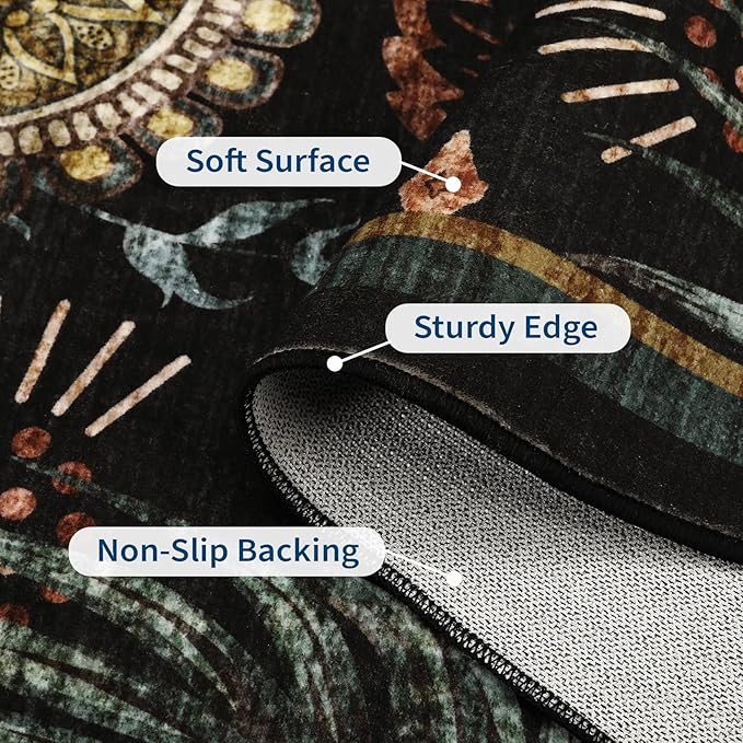 4x6 Washable Small Area Rug for Living Room Boho Floral Soft Black Bedroom Rug Non Slip Office Rugs Low Pile Kitchen Small Carpet Stain Resistant Throw Rug for Bedside Kids Room Dining Room, Black