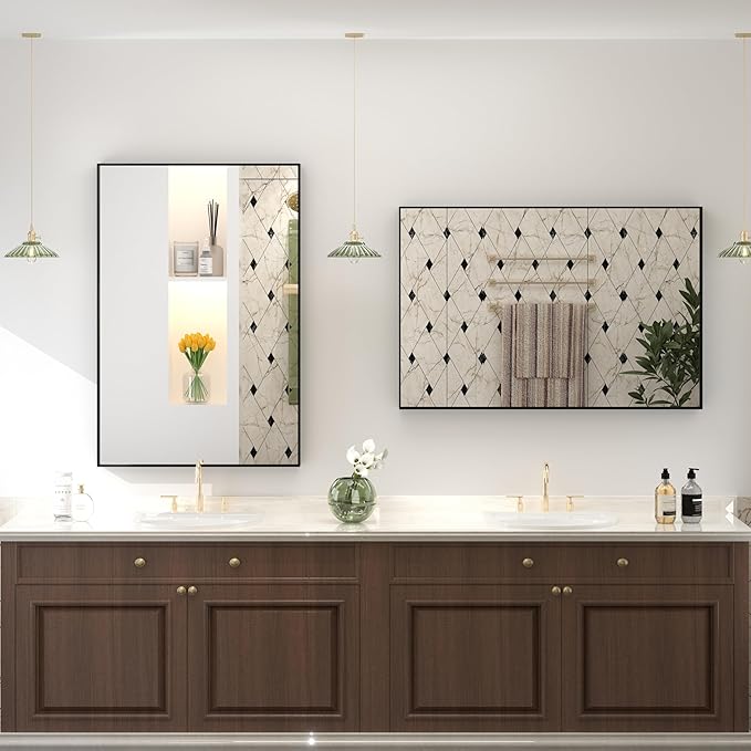 20x28 Inch Black Metal Framed Bathroom Mirror, Black Rectangular Mirror, Matte Black Mirror, Square Corner, Anti-Rust (Horizontal/Vertical)