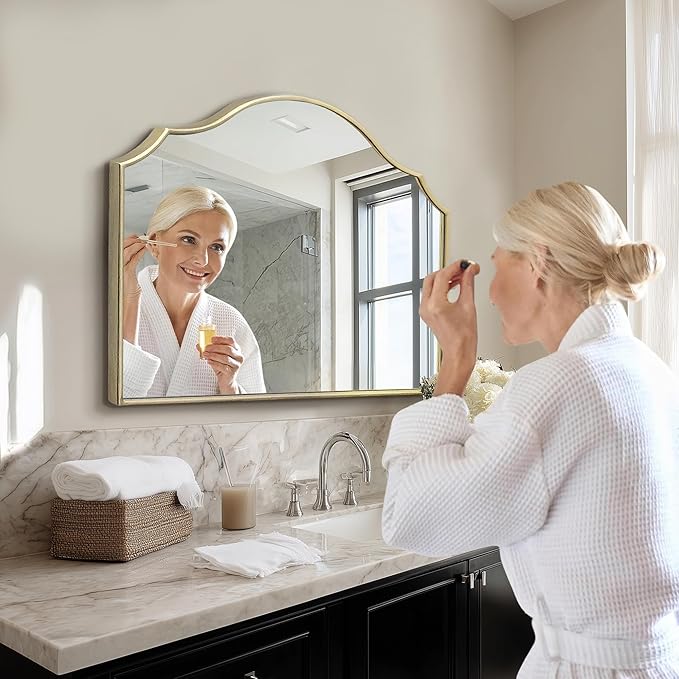 Besdomus Gold Scalloped Mirror for Vanity: 32"x24" Modern Minimalist Wooden Bathroom Mirror - Decorative Dresser Wall for Mantel/Bedroom/Entryway/Hallway - Ideal for 20-55 Age Fashion Women