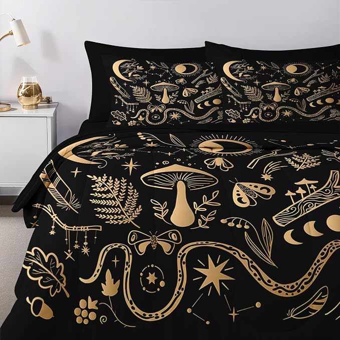 Nesker Comforter Set Full Size, Golden Mushroom Moon 7 Pcs Bedding for Kids and Adults, Moth Vintage Gold Bed Sheet Sets with Fitted Sheet 2 Pillowcases & 2 Shams