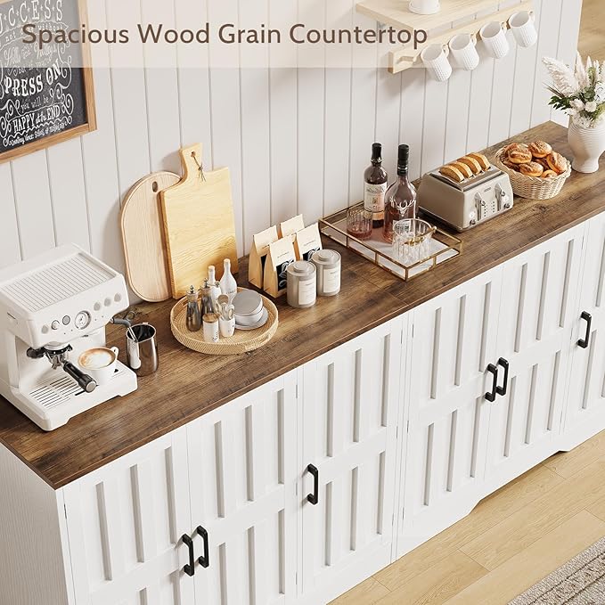 Modern Farmhouse Buffet Cabinet with Storage, 85" Large Sideboard Storage Cabinet with 6 Barn Doors, Coffee Liquor Bar Cabinet Wood Table Credenza with Adjustable Shelf for Kitchen Dining Living Room