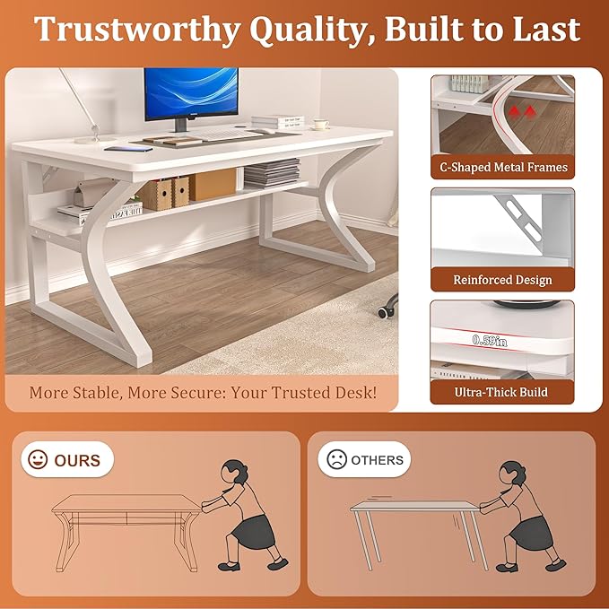 AZN Computer Desk, 47x24 in Computer Desk, Office Desk w/Storage & U-Size Metal Frame for Home Office Bedroom Gaming, Office Desk w/Water-Resistant, Scratchproof Surface, White