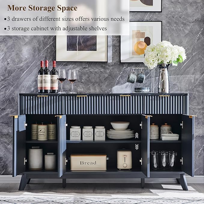 T4TREAM Large Buffet Sideboard Cabinet with Storages, 60" Fluted Modern Buffet Table Coffee Bar Wine Bar Storage Cabinet with 3 Drawers & 4 Doors for Dining Room, Living Room, Hallway(Dark Grey)