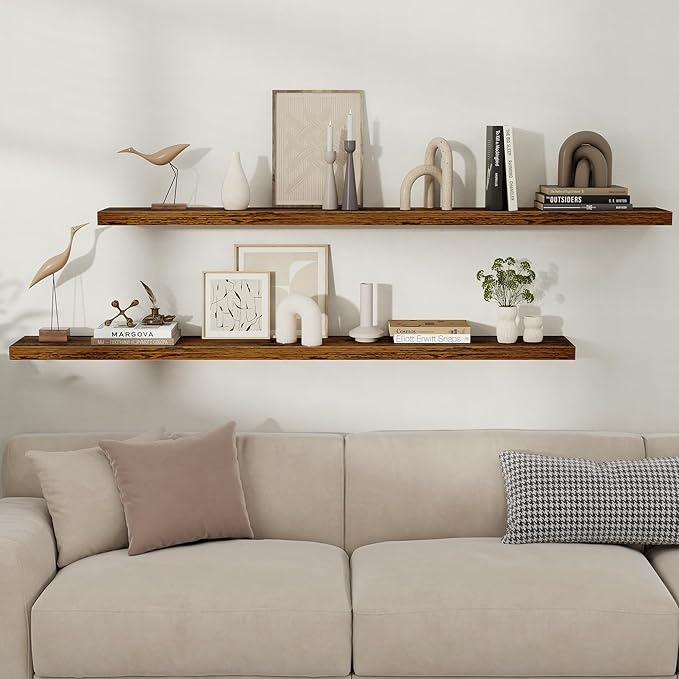 Fun Memories Floating Shelves for Wall, Rustic Wood Wall Mounted Shelves for Bathroom, Bedroom, Living Room and Kitchen, Storage & Home Decor (Set of 2, Brown, 66 in)