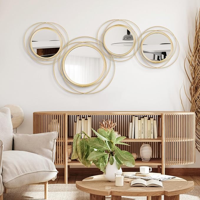 4 Set Circle Mirrors for Wall Decor for Living Room Bedroom Bathroom Entryway Metal Round Mirror Decorative Hanging Mirrors Sun Bohemian Geometric Accent Sculpture -Gold 11 in/9.2 in