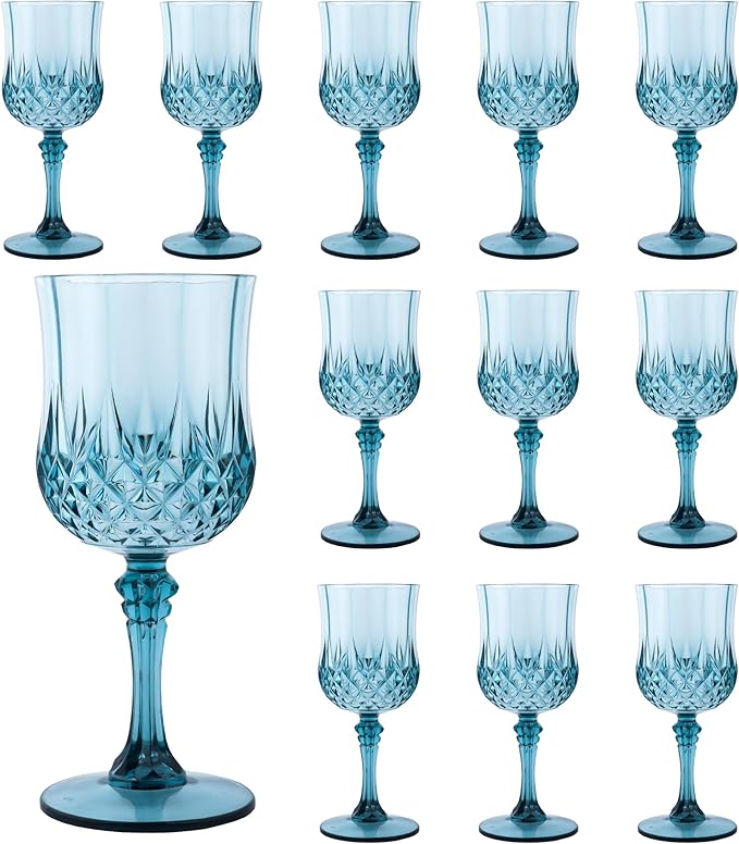 Plastic Wine Glasses, Plastic Goblets Vintage Style Cordial Drinking Glasses for Valentine’s Day, Wedding Reception, Grand Event Party Supplies (12, Dusty Blue)