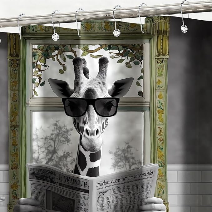 Rustic Shower Curtain Giraffe Reading Newspaper Shower Curtains for Bathroom Waterproof Fabric Bath Curtain Decor with Hooks