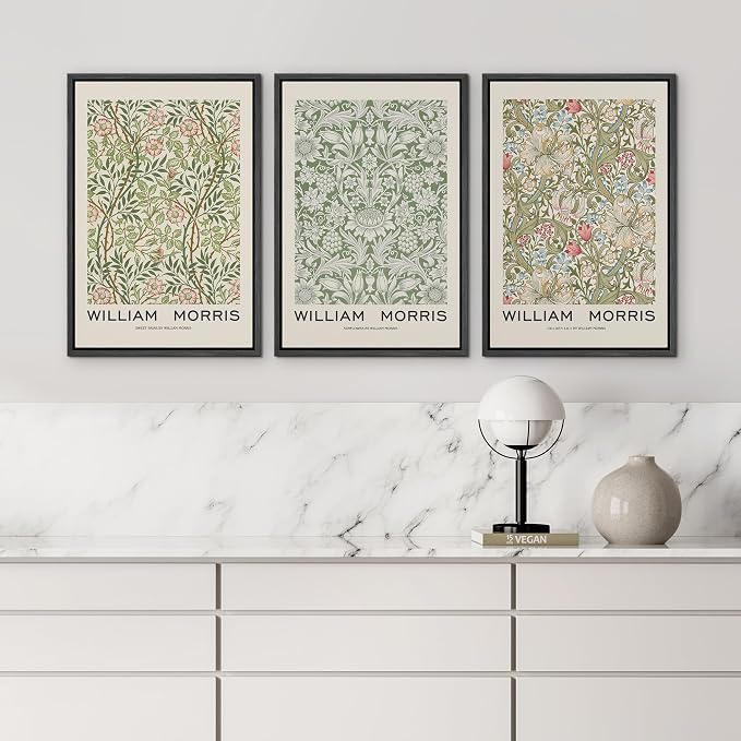 wall26 Framed Canvas Print Wall Art Set William Morris Flower Pattern Tapestries Nature Floral Illustrations Fine Art Decorative Botanical Rustic for Living Room, Bedroom, Office - 16"x24"x3 Black
