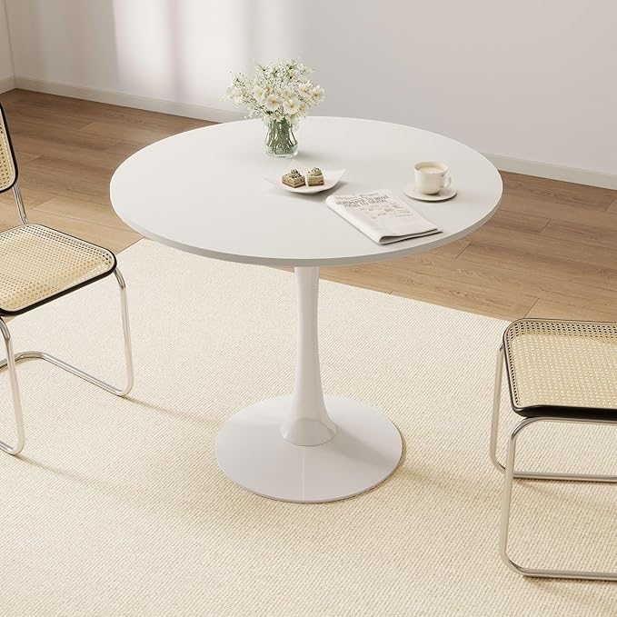 27.5" White Round Dining Table, MDF Top with Metal Pedestal Base, Modern Accent Table for Small Spaces, Kitchen, Dining Room & Living Room