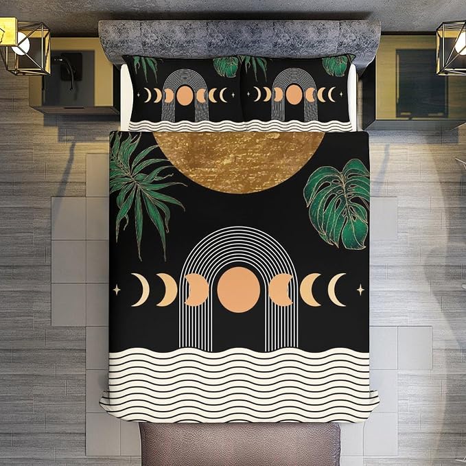 Mid Century Moon Phase Duvet Cover Sets Boho Modern Palm Leaves Arch Minimalist Printed Lightweight Soft Quilt Cover Soft Microfiber 3 Piece (1 Duvet Cover 68x86in + 2 Pillow Sham 20x30in)