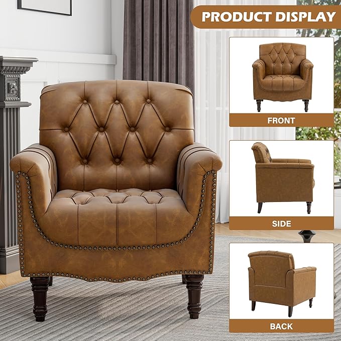 UIXE Faux Leather Accent Chair for Living Room, Upholstered Retro Armchair Tufted Club Arm Chair Single Sofa Lounge Bedroom Side Reading Seating with Solid Wood Legs, Camel