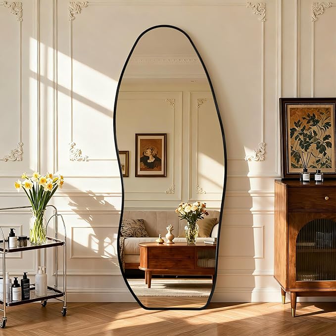 Mirror Full Length - Irregular Full Body Mirror Standing or Leaning or Wall Hanging 63"x 24" Asymmetrical Aviation Aluminum Alloy Frame Unique for Bedroom, Living Room, Cloakroom, Entryway