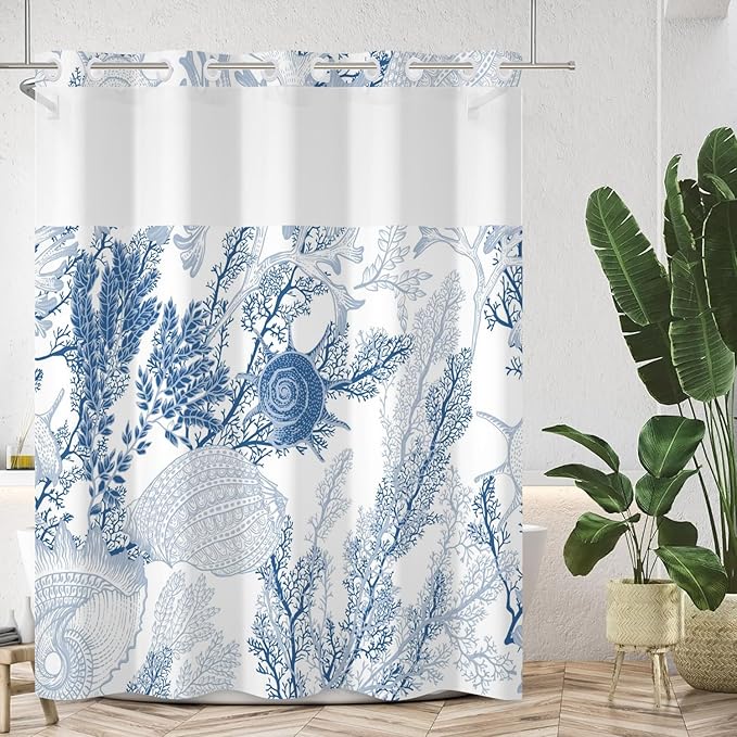 No Hook Shower Curtain with Snap in Fabric Liner Set Nautical Coastal Seashell Coral Beach Ocean Shower Curtains for Bathroom Waterproof Polyester No Hook Home Decorations 71x74in