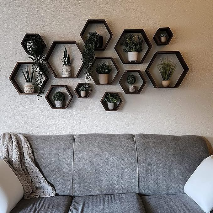 WONFUlity Hexagon Floating Shelves Honeycomb Shelves Wall Mounted Wood Farmhouse Storage Wall Shelf for Bathroom, Kitchen, Bedroom, Living Room,Driftwood Finish Decor,Light Brwon