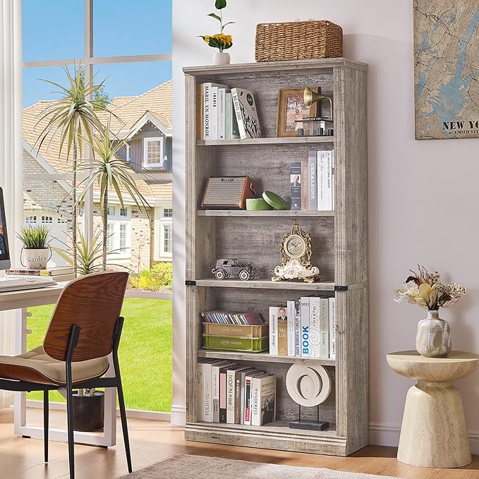 70" Grey Tall Bookshelf Set of 3,5-Tier Thick Wooden Book Shelf with Adjustable Shelves,Free Standing Farmhouse Bookcase with Open Display Storage,Floor Vintage Bookshelves for Living Room