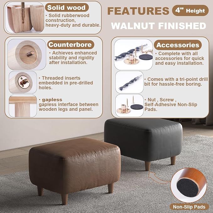 4 Inch Wood Furniture Legs Set of 4 - Solid Wood Replacement Furniture Feet for Tables, Sofas & Chairs - 4 Inch Wooden Table Legs & Cabinet Supports - Walnut Finish,Rubberwood