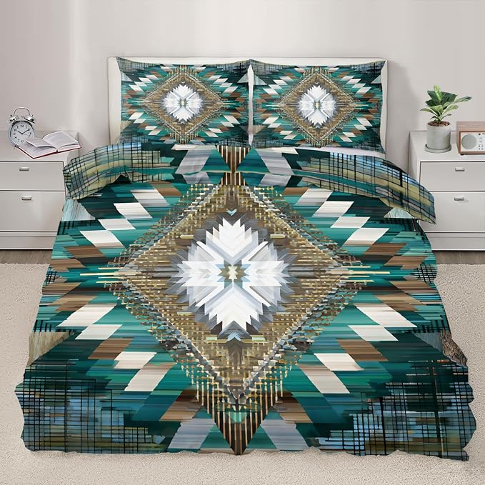 Green Aztec Duvet Cover Twin Size, Bohemian Vintage Geometric Bedding Set 3 Piece, Native American Aztec Patterned Comforter Cover with Zipper Soft Microfiber, 2 Pillowcases