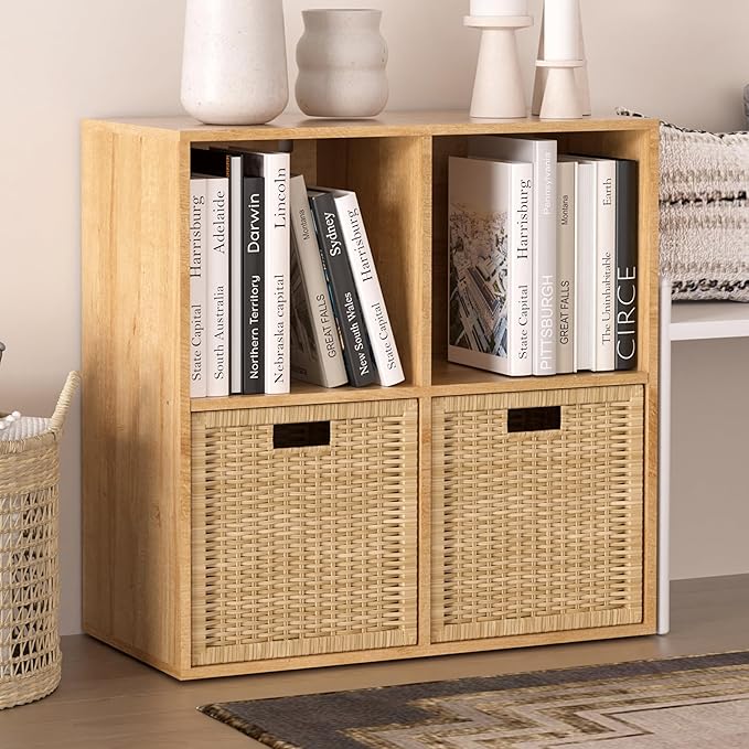 Wooden 4 Cube Storage Organizer with Closed Back Panel,White Cube Shelf Cubby Storage Organizers with Compartments for Living,Bookshelf,Organizers Easy to Install (Oak, 4 Cube)