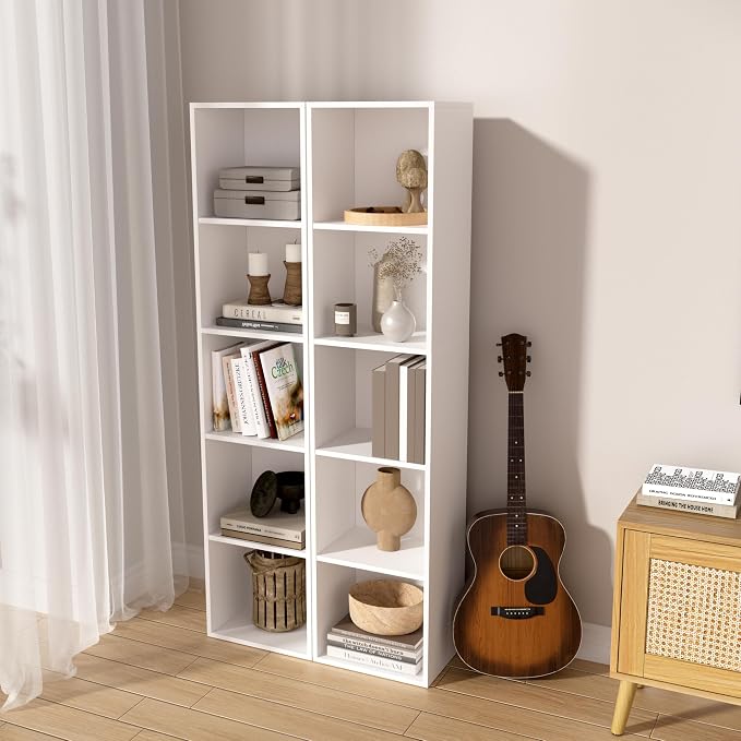 5-Tier Wooden Cube Storage Organizer, 52 Inch Tall Bookcase & Display Shelf with 5 Open Cubes, Freestanding DIY Closet Shelving Unit for Living Room Bedroom Office (White, 5 Cube-W(11.8inch)