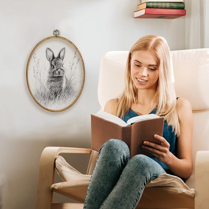 CGBHW Easter Bunny Oval Wall Art Decor, Rustic Farmhouse Bunny Canvas Prints Framed, Neutral Cottagecore Easter Sketch Rabbit Wall Art Hanging Decor for Home Kitchen Bedroom Living Room, 8.6x11.4 Inch