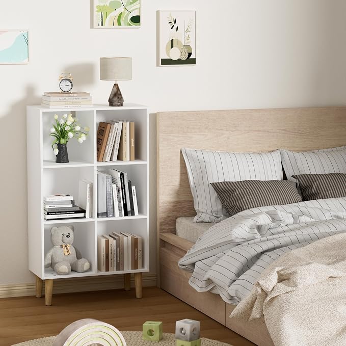 6 Cube Bookcase, Wooden Book Shelf Cube Storage Organizer with Legs, 3 Tier Bookshelf Freestanding Open Shelves for Bedroom, Living Room and Home Office (White, 6 Cube Vertical)