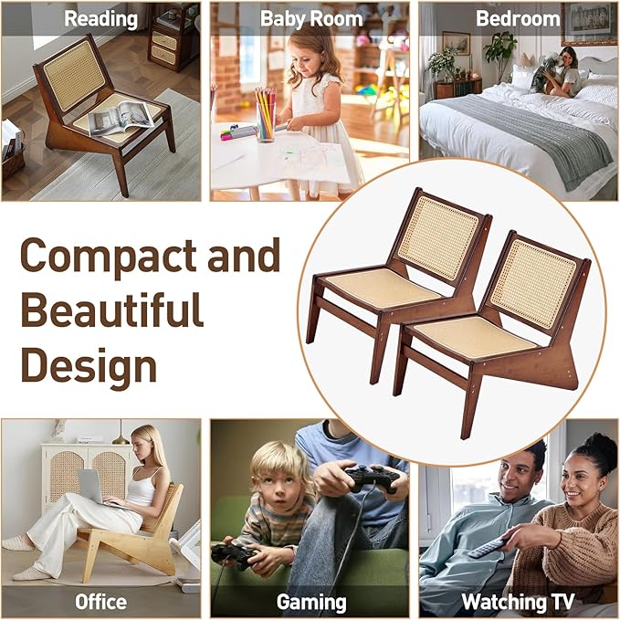 Welnow 2-Pcs Mid Century Rattan Accent Chair, Bamboo Wood Lounge Chair with Woven Cane Backrest, Low Armchair for Living Room, Bedroom, Balcony or Reading Corner, Walnut