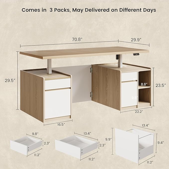 ModernMate Executive Standing Desk with Drawers & Storage, 70.8'' Adjustable Electric Stand Up Wood Desk with Privacy Panel, AC/USB, File Cabinet, Large One-Piece Desktop for Home Office, Light Walnut