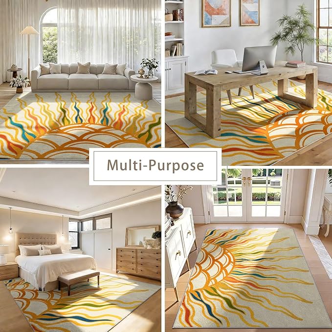 Sunburst Abstract Area Rug 7x9, Yellow Orange Colorful Sun Pattern Rugs, Boho Modern Washable Non-Slip Soft Carpet for Living Room Bedroom Dining Room Home Office Entryway