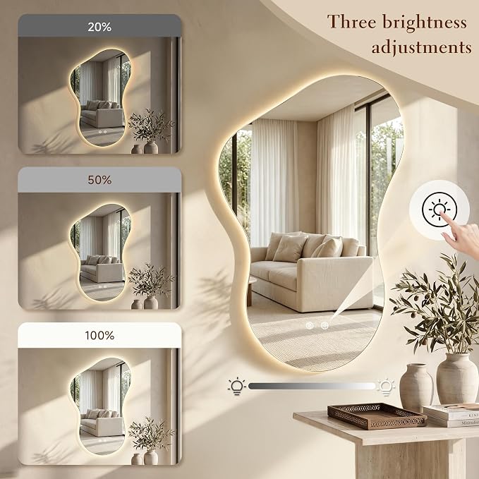 20×32 Irregular Backlit Mirror Asymmetrical Bathroom Mirror with Lights LED Dimmable Mirror for Bathroom Makeup Area