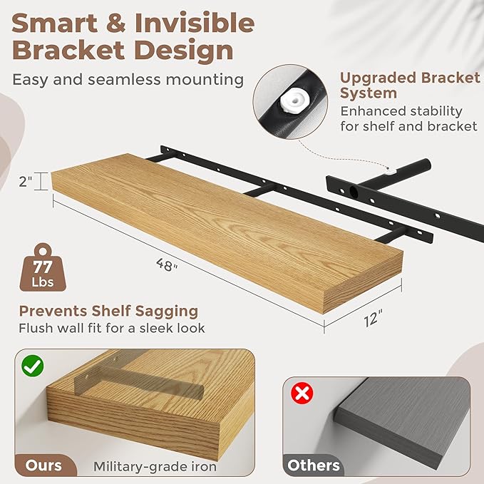 Marsmiles 12" Deep Floating Shelves for Wall with Invisible Brackets, Wall Mounted Engineered Wood Shelves with Wood Grain for Living Room, Bedroom, Kitchen Decor and Storage, 48" L Set of 1, Oak