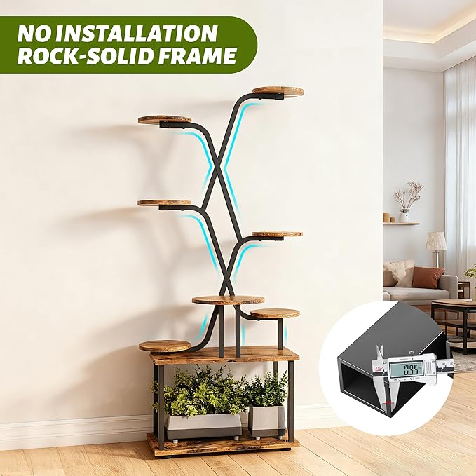 60" Tall Indoor Plant Stand, 9-Tiered Indoor Plant Stand for Large Plants, Metal Plant Stand Indoor with Grow Lights for Living Room, Balcony & Patio