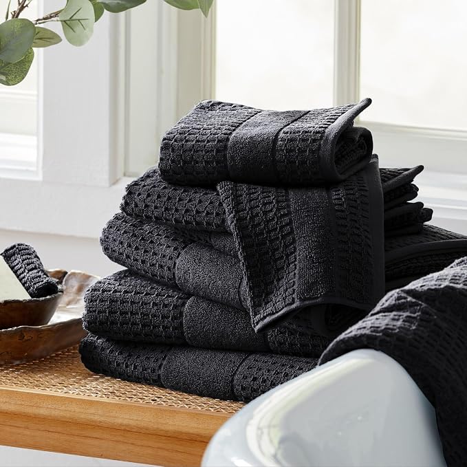 Market & Place 100% Cotton Super Soft Luxury Towel Set | Quick-Dry and Highly Absorbent | Waffle Textured | 550 GSM | 2 Bath Towels, 2 Hand Towels, & 2 Washcloths | Harper Collection (Black)